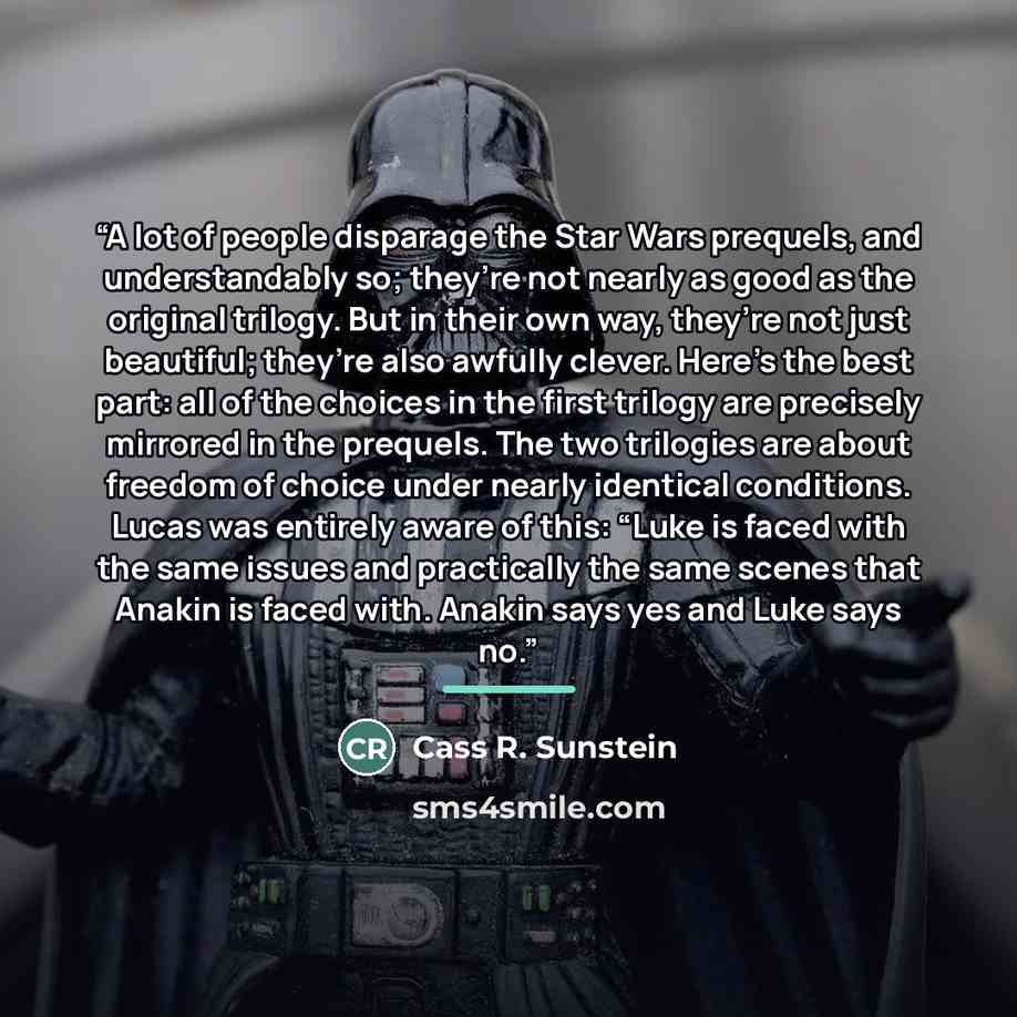 “A lot of people disparage the Star Wars prequels, and understandably so; they’re not nearly as good as the original trilogy. But in their own way, they’re not just beautiful; they’re also awfully clever. Here’s the best part: all of the choices in the first trilogy are precisely mirrored in the…” quote by Cass R. Sunstein