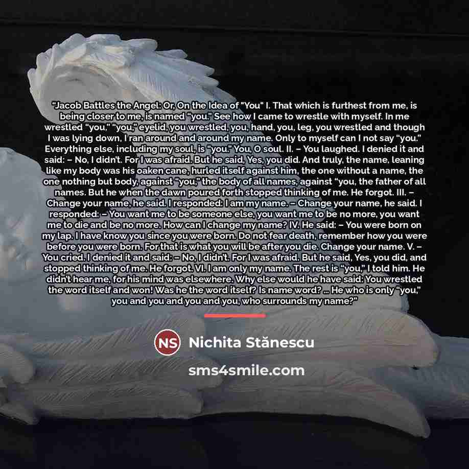 “Jacob Battles the Angel: Or, On the Idea of "You" I. That which is furthest from me, is being closer to me, is named “you.” See how I came to wrestle with myself. In me wrestled “you,” “you,” eyelid, you wrestled, you, hand, you, leg, you wrestled and though I was lying down, I ran around and…” quote by Nichita Stănescu