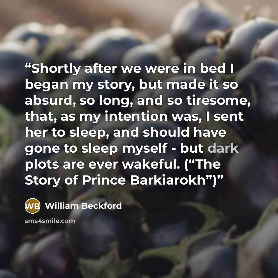 “Shortly after we were in bed I began my story, but made it so absurd, so long, and so tiresome, that, as my intention was, I sent her to sleep, and should have gone to sleep myself - but dark plots are ever wakeful. (“The Story of Prince Barkiarokh”)” quote by William Beckford