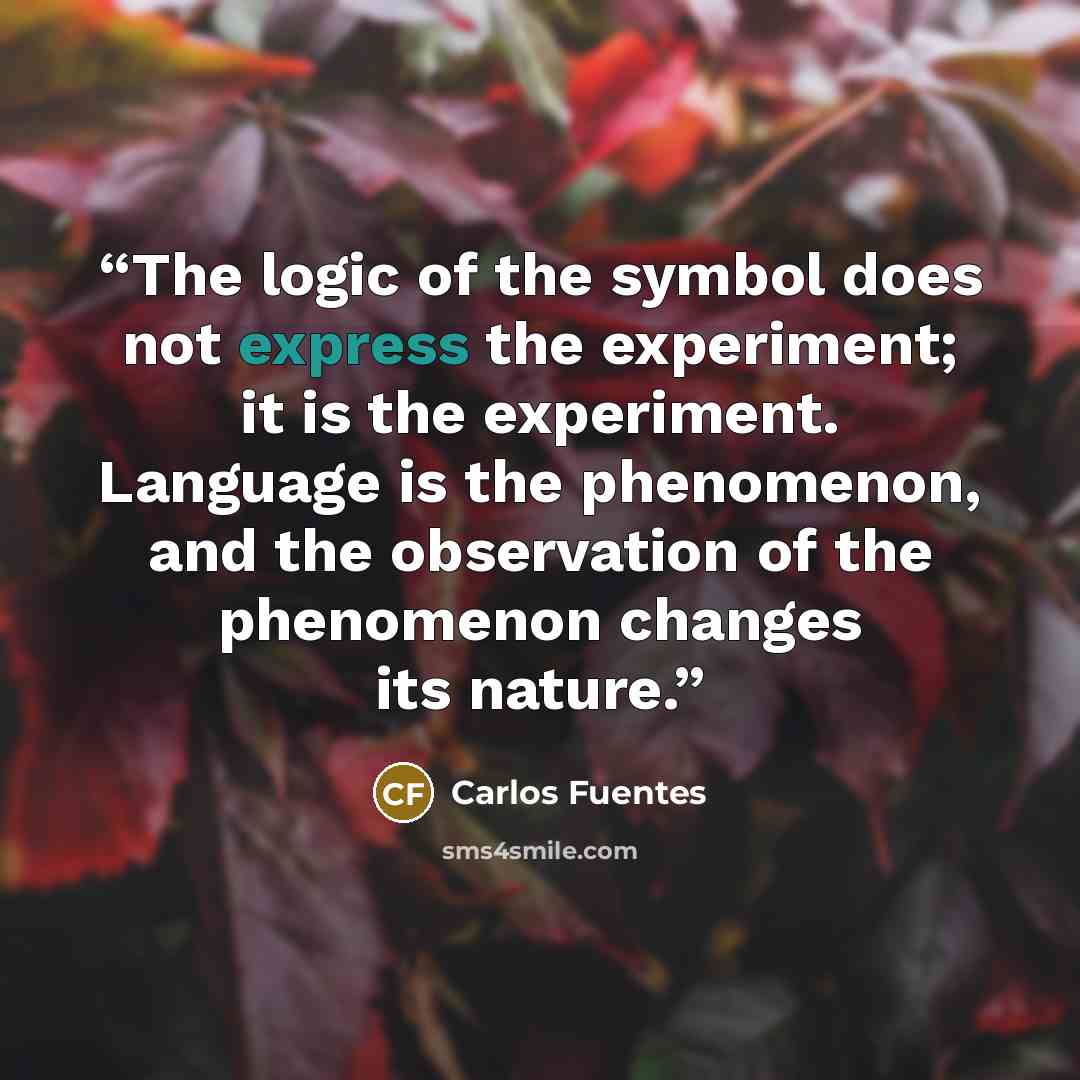 “The logic of the symbol does not express the experiment; it is the experiment. Language is the phenomenon, and the observation of the phenomenon changes its nature.” quote by Carlos Fuentes