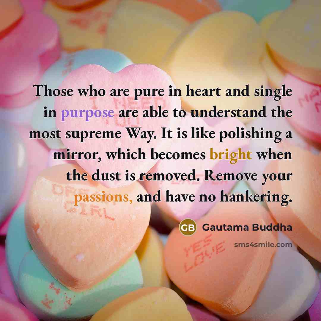 “Those who are pure in heart and single in purpose are able to understand the most supreme Way. It is like polishing a mirror, which becomes bright when the dust is removed. Remove your passions, and have no hankering.” quote by Gautama Buddha