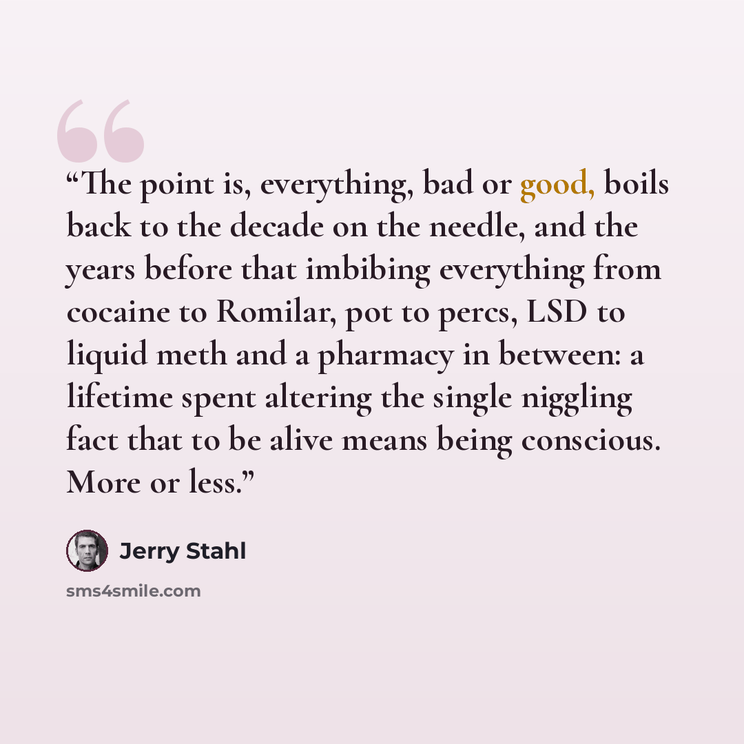 “The point is, everything, bad or good, boils back to the decade on the needle, and the years before that imbibing everything from cocaine to Romilar, pot to percs, LSD to liquid meth and a pharmacy in between: a lifetime spent altering the single niggling fact that to be alive means being…” quote by Jerry Stahl