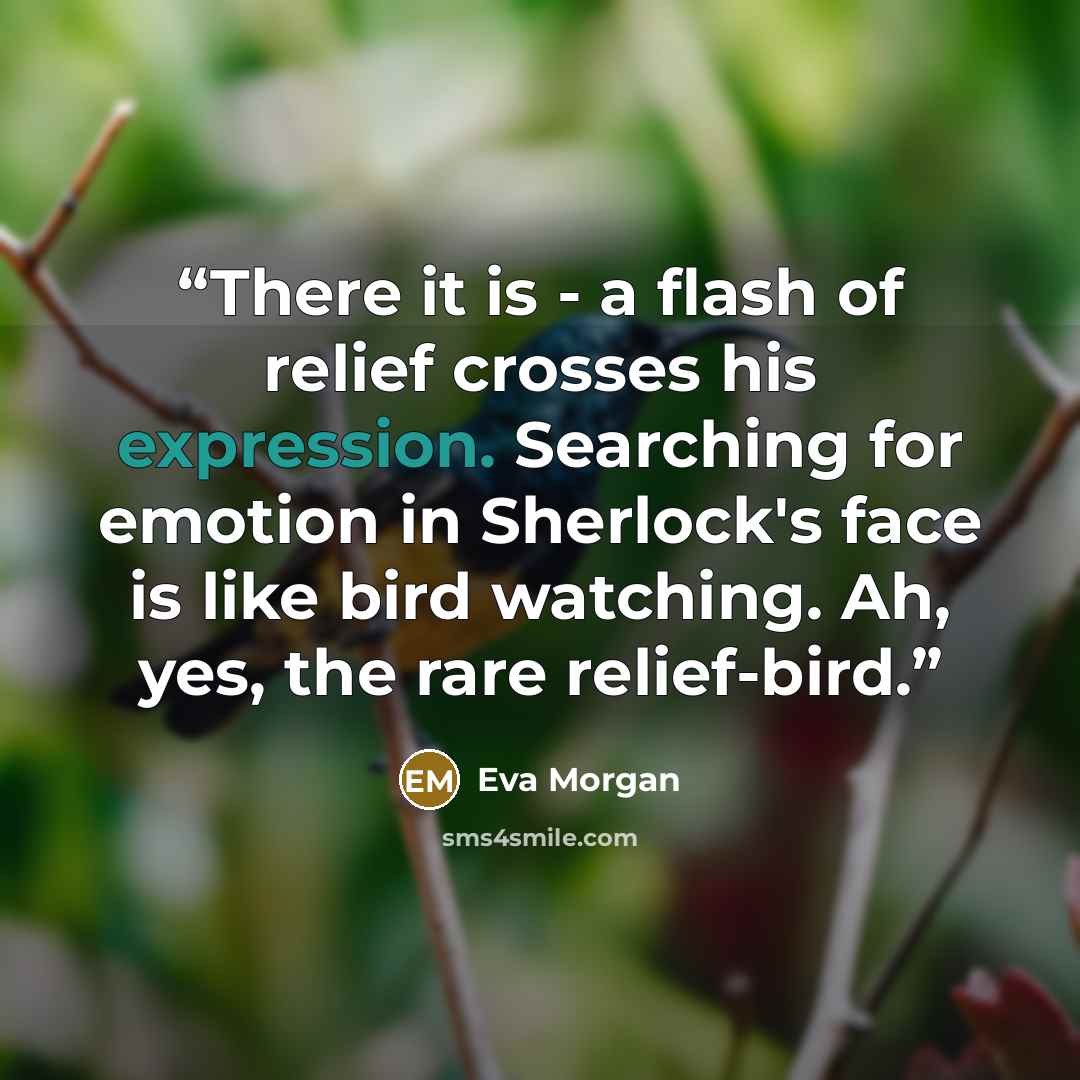 “There it is - a flash of relief crosses his expression. Searching for emotion in Sherlock's face is like bird watching. Ah, yes, the rare relief-bird.” quote by Eva Morgan