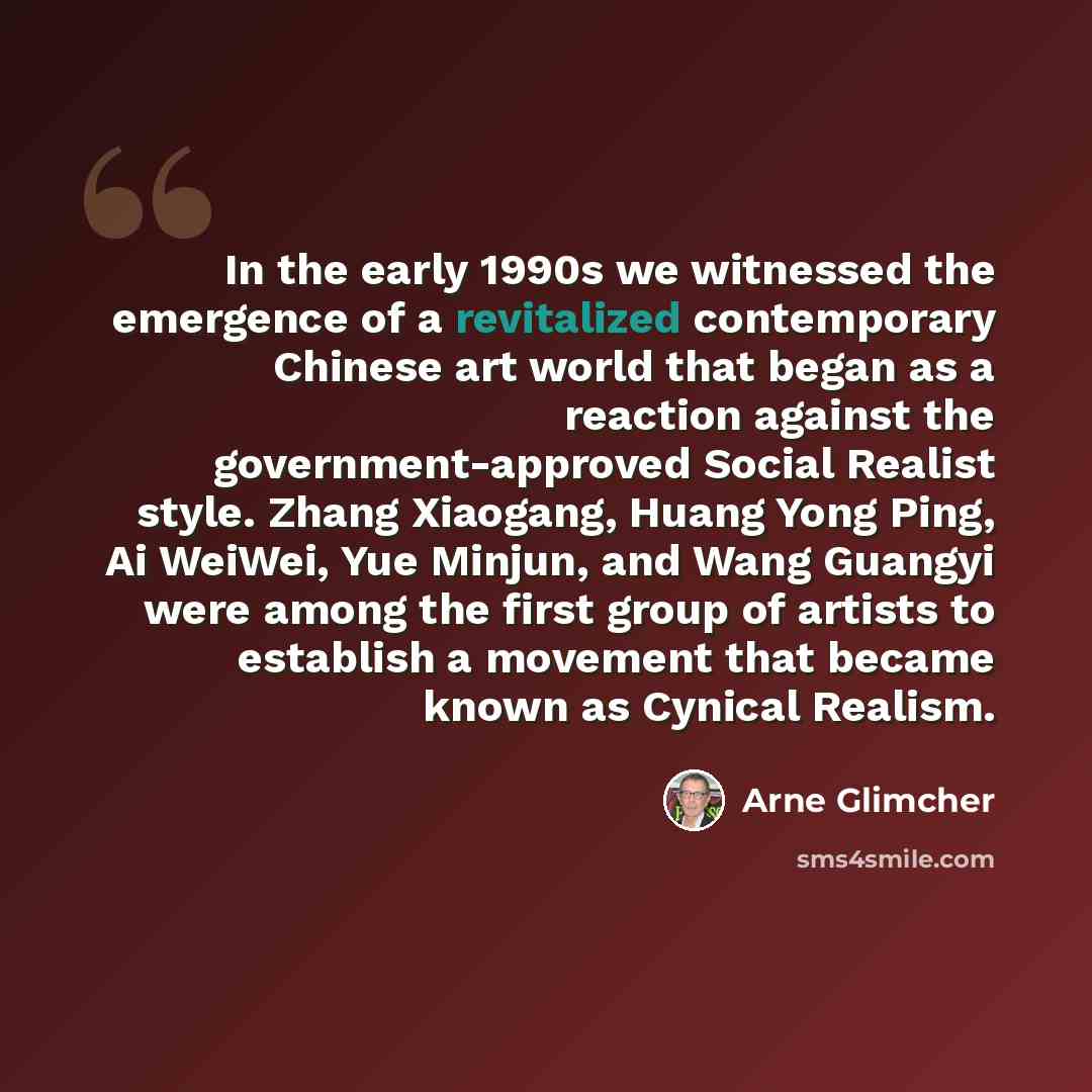 “In the early 1990s we witnessed the emergence of a revitalized contemporary Chinese art world that began as a reaction against the government-approved Social Realist style. Zhang Xiaogang, Huang Yong Ping, Ai WeiWei, Yue Minjun, and Wang Guangyi were among the first group of artists to establish a…” quote by Arne Glimcher