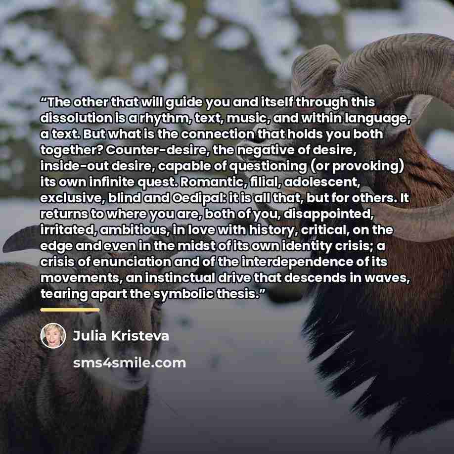 “The other that will guide you and itself through this dissolution is a rhythm, text, music, and within language, a text. But what is the connection that holds you both together? Counter-desire, the negative of desire, inside-out desire, capable of questioning (or provoking) its own infinite quest…” quote by Julia Kristeva