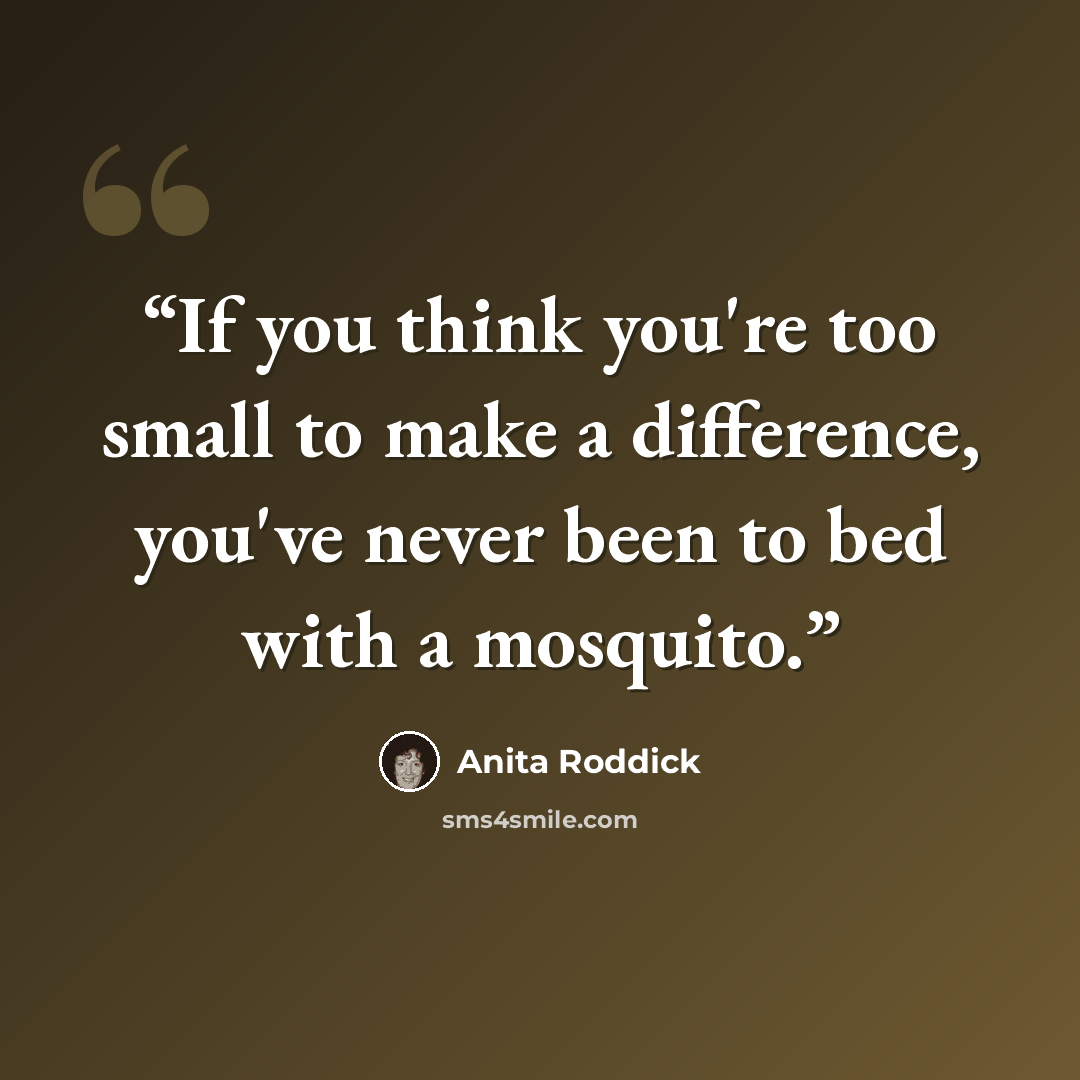 “If you think you're too small to make a difference, you've never been to bed with a mosquito.” quote by Anita Roddick