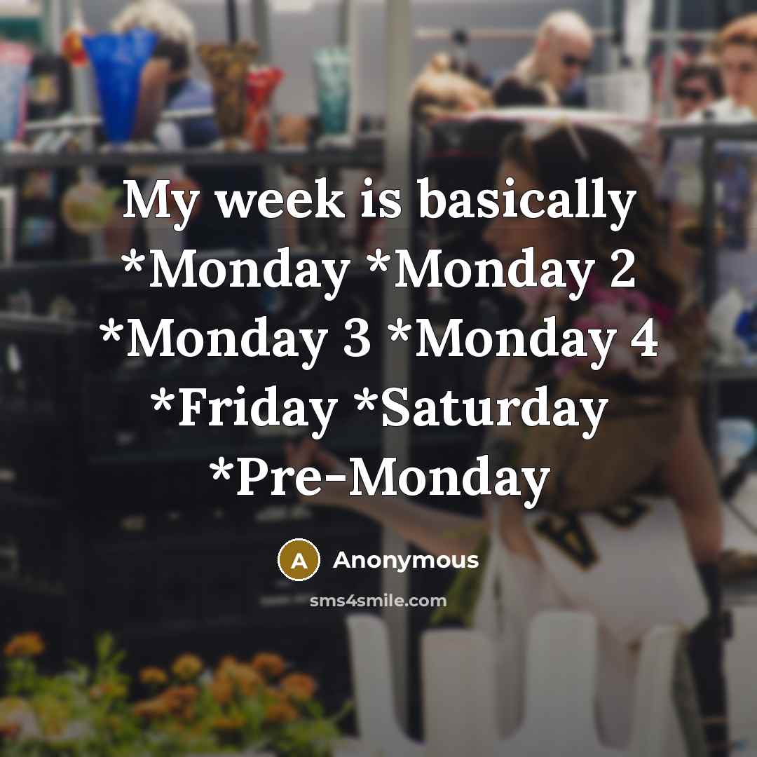 “My week is basically *Monday *Monday 2 *Monday 3 *Monday 4 *Friday *Saturday *Pre-Monday” quote by Anonymous