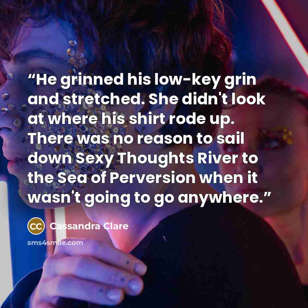 “He grinned his low-key grin and stretched. She didn't look at where his shirt rode up. There was no reason to sail down Sexy Thoughts River to the Sea of Perversion when it wasn't going to go anywhere.” quote by Cassandra Clare