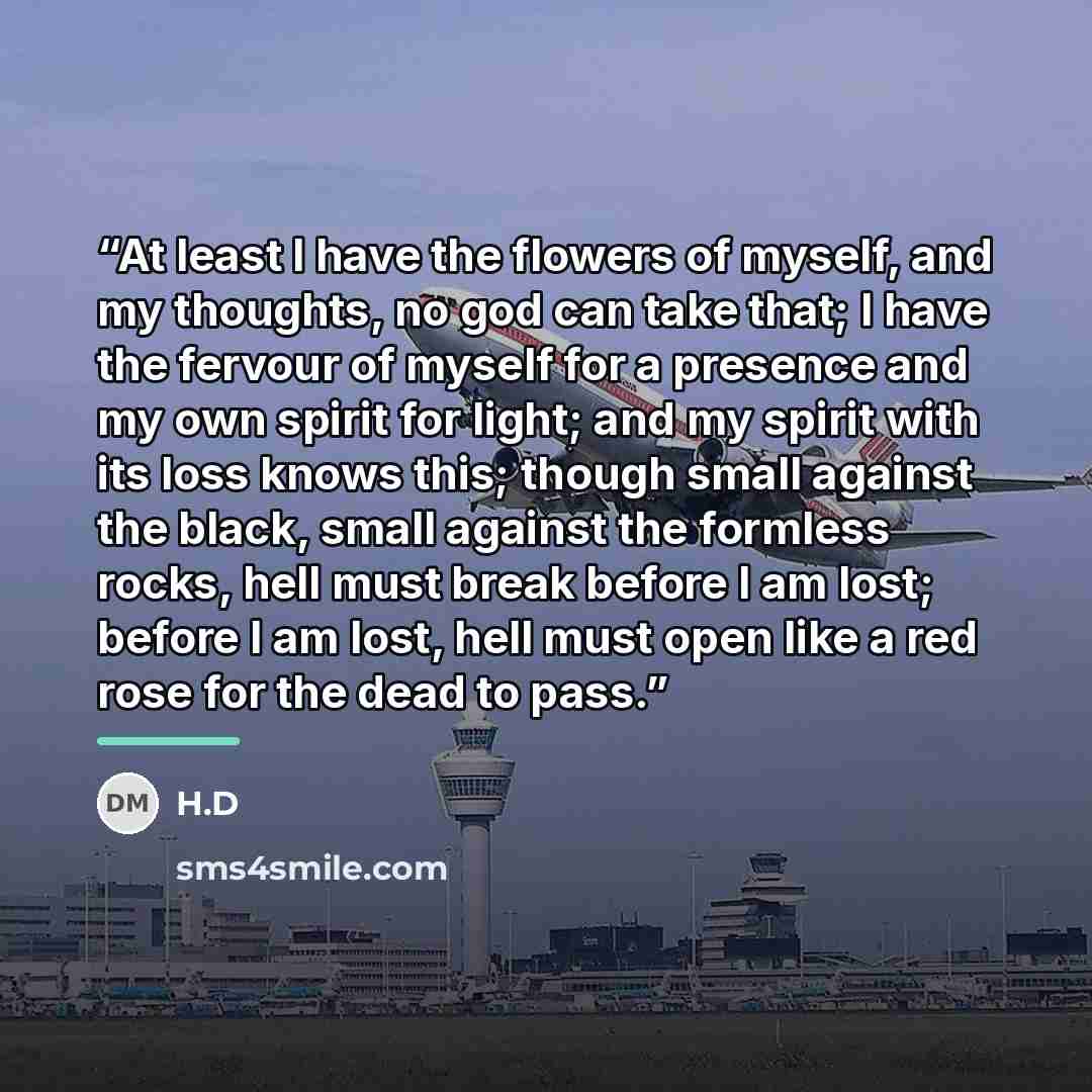 “At least I have the flowers of myself, and my thoughts, no god can take that; I have the fervour of myself for a presence and my own spirit for light; and my spirit with its loss knows this; though small against the black, small against the formless rocks, hell must break before I am lost; before…” quote by H.D