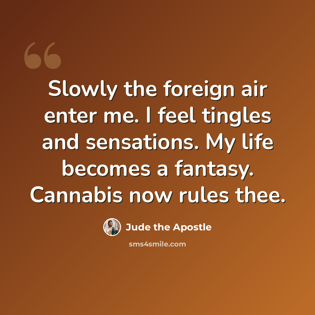 “Slowly the foreign air enter me. I feel tingles and sensations. My life becomes a fantasy. Cannabis now rules thee.” quote by Jude the Apostle