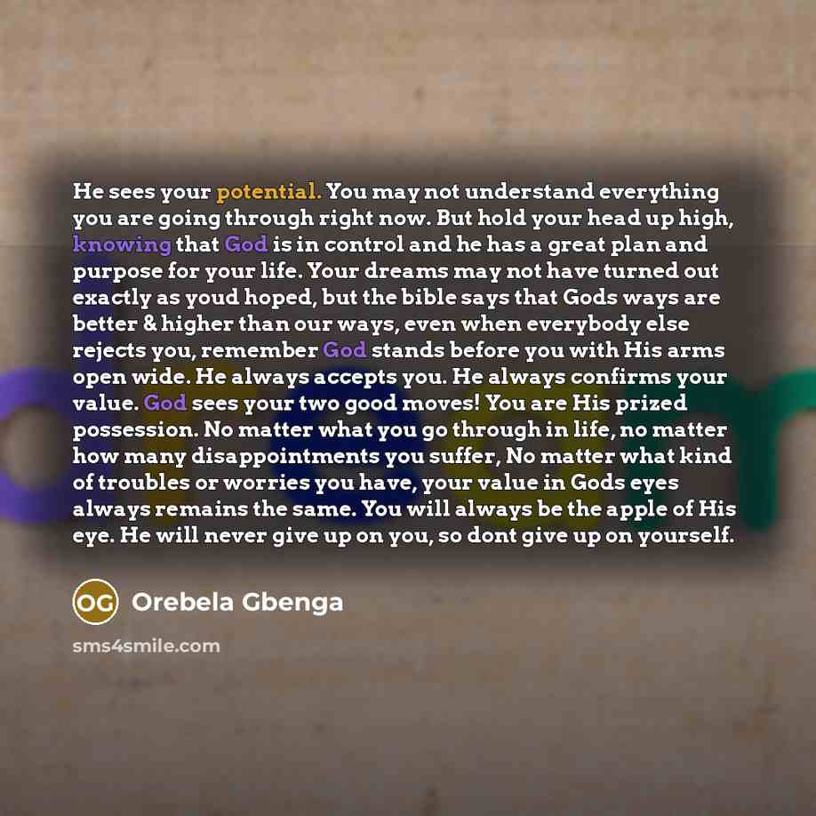 “He sees your potential. You may not understand everything you are going through right now. But hold your head up high, knowing that God is in control and he has a great plan and purpose for your life. Your dreams may not have turned out exactly as youd hoped, but the bible says that Gods ways are…” quote by Orebela Gbenga