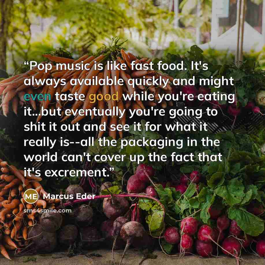 “Pop music is like fast food. It's always available quickly and might even taste good while you're eating it...but eventually you're going to shit it out and see it for what it really is--all the packaging in the world can't cover up the fact that it's excrement.” quote by Marcus Eder