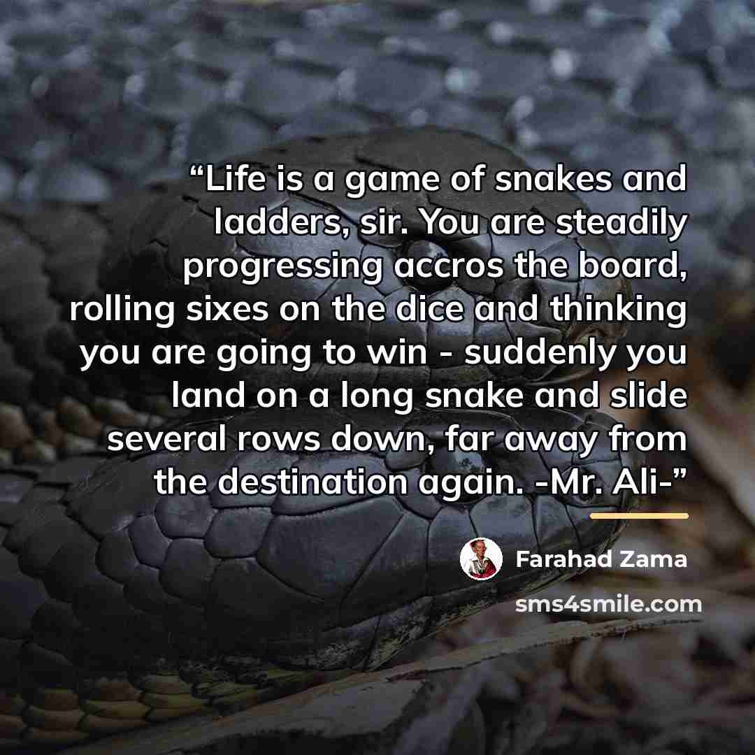 “Life is a game of snakes and ladders, sir. You are steadily progressing accros the board, rolling sixes on the dice and thinking you are going to win - suddenly you land on a long snake and slide several rows down, far away from the destination again. -Mr. Ali-” quote by Farahad Zama