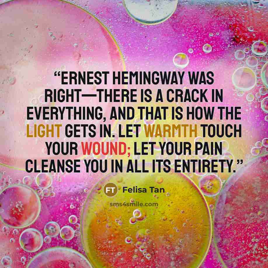 “Ernest Hemingway was right—there is a crack in everything, and that is how the light gets in. Let warmth touch your wound; let your pain cleanse you in all its entirety.” quote by Felisa Tan
