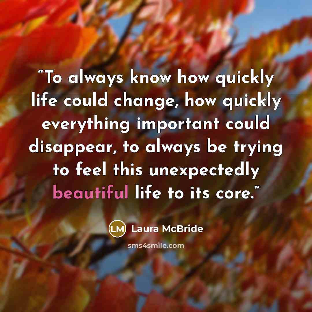 “To always know how quickly life could change, how quickly everything important could disappear, to always be trying to feel this unexpectedly beautiful life to its core.” quote by Laura McBride
