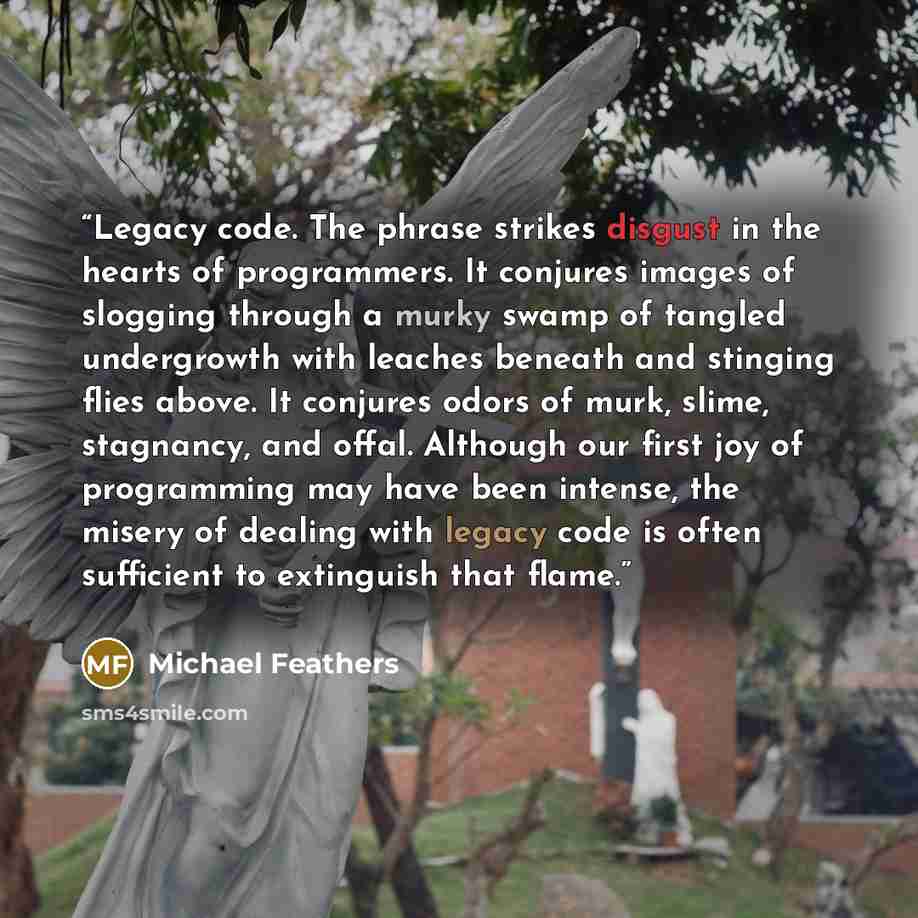 “Legacy code. The phrase strikes disgust in the hearts of programmers. It conjures images of slogging through a murky swamp of tangled undergrowth with leaches beneath and stinging flies above. It conjures odors of murk, slime, stagnancy, and offal. Although our first joy of programming may have…” quote by Michael Feathers