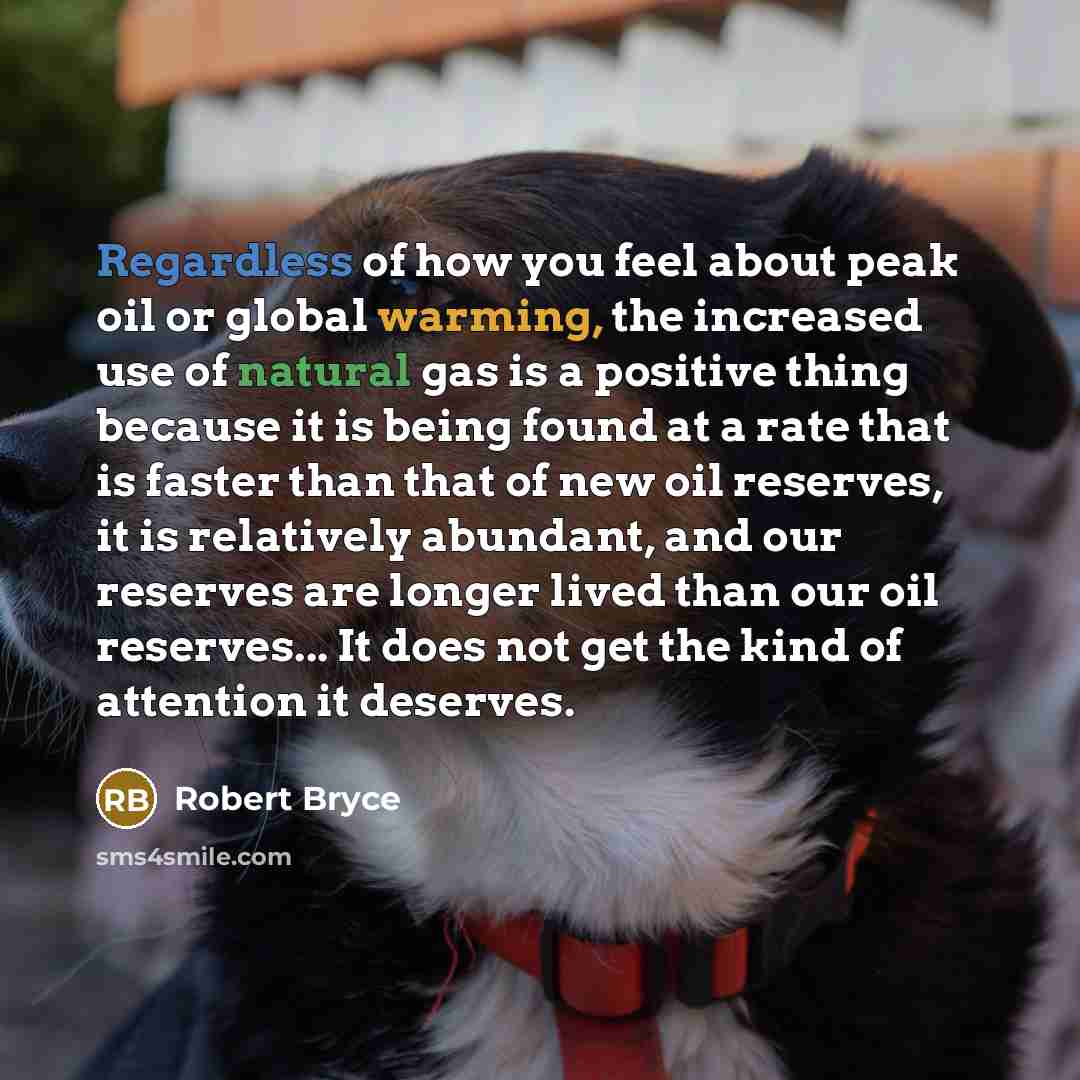 “Regardless of how you feel about peak oil or global warming, the increased use of natural gas is a positive thing because it is being found at a rate that is faster than that of new oil reserves, it is relatively abundant, and our reserves are longer lived than our oil reserves... It does not get…” quote by Robert Bryce