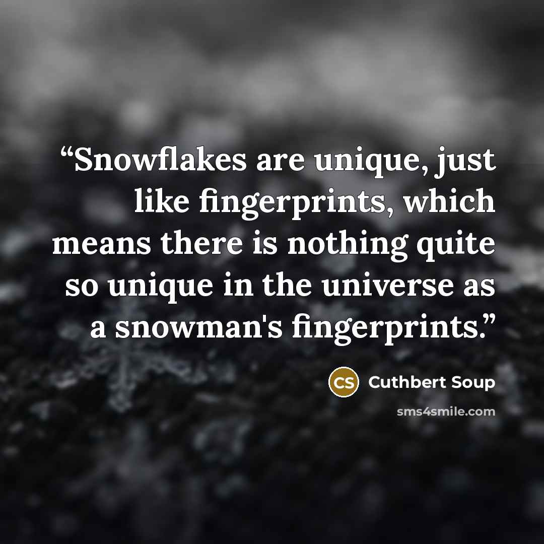 “Snowflakes are unique, just like fingerprints, which means there is nothing quite so unique in the universe as a snowman's fingerprints.” quote by Cuthbert Soup