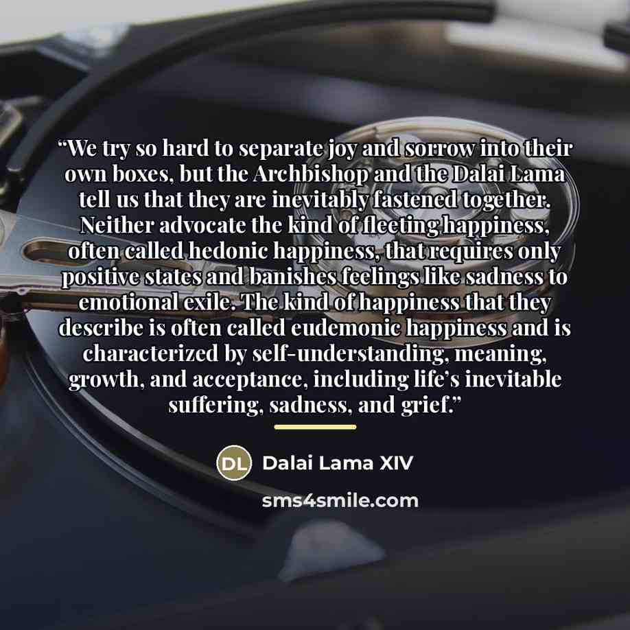 “We try so hard to separate joy and sorrow into their own boxes, but the Archbishop and the Dalai Lama tell us that they are inevitably fastened together. Neither advocate the kind of fleeting happiness, often called hedonic happiness, that requires only positive states and banishes feelings like…” quote by Dalai Lama XIV