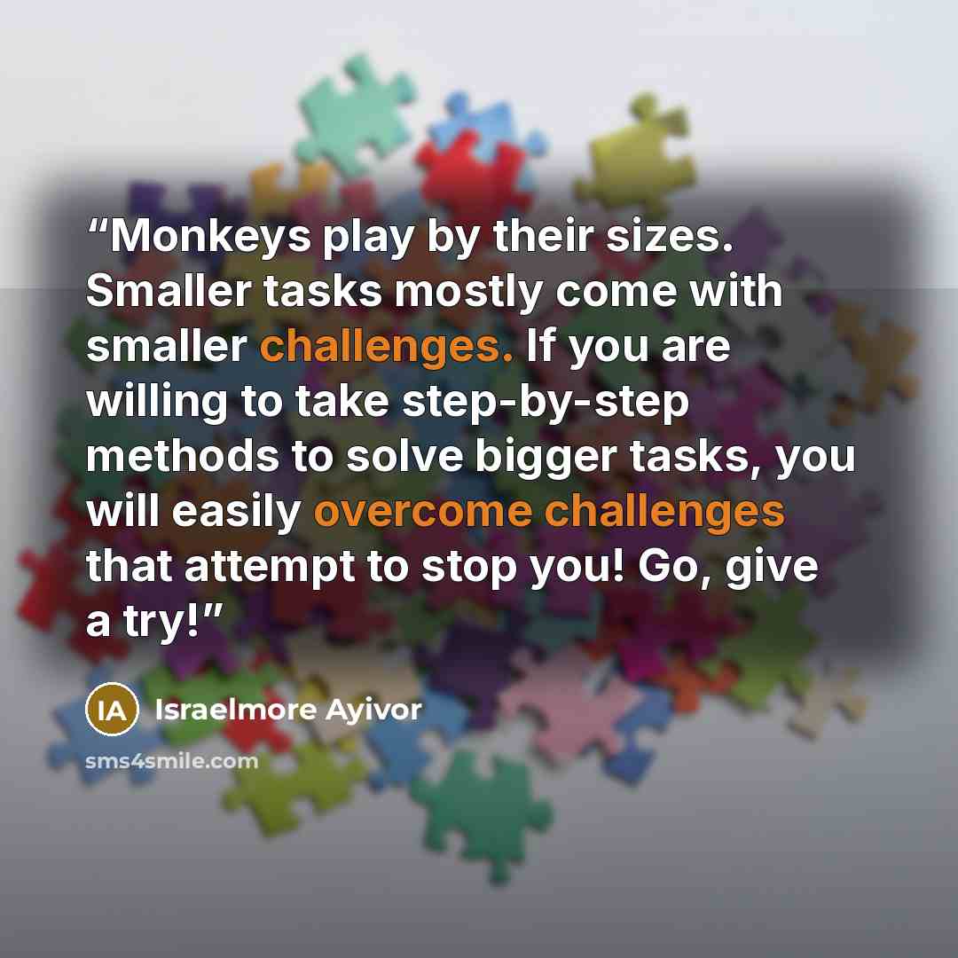 “Monkeys play by their sizes. Smaller tasks mostly come with smaller challenges. If you are willing to take step-by-step methods to solve bigger tasks, you will easily overcome challenges that attempt to stop you! Go, give a try!” quote by Israelmore Ayivor