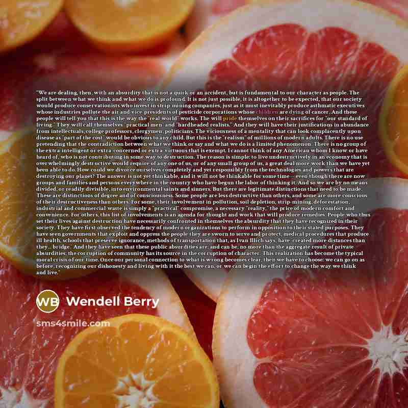 “We are dealing, then, with an absurdity that is not a quirk or an accident, but is fundamental to our character as people. The split between what we think and what we do is profound. It is not just possible, it is altogether to be expected, that our society would produce conservationists who…” quote by Wendell Berry