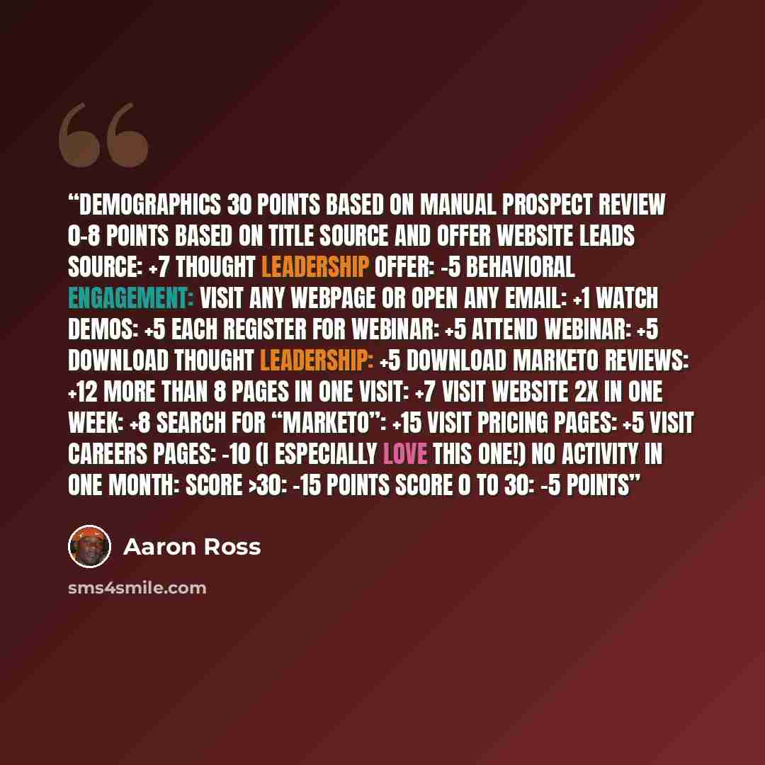 “Demographics 30 points based on manual Prospect review 0-8 points based on title Source and Offer Website leads source: +7 Thought leadership offer: -5 Behavioral Engagement: Visit any webpage or open any email: +1 Watch demos: +5 each Register for webinar: +5 Attend webinar: +5 Download thought…” quote by Aaron Ross