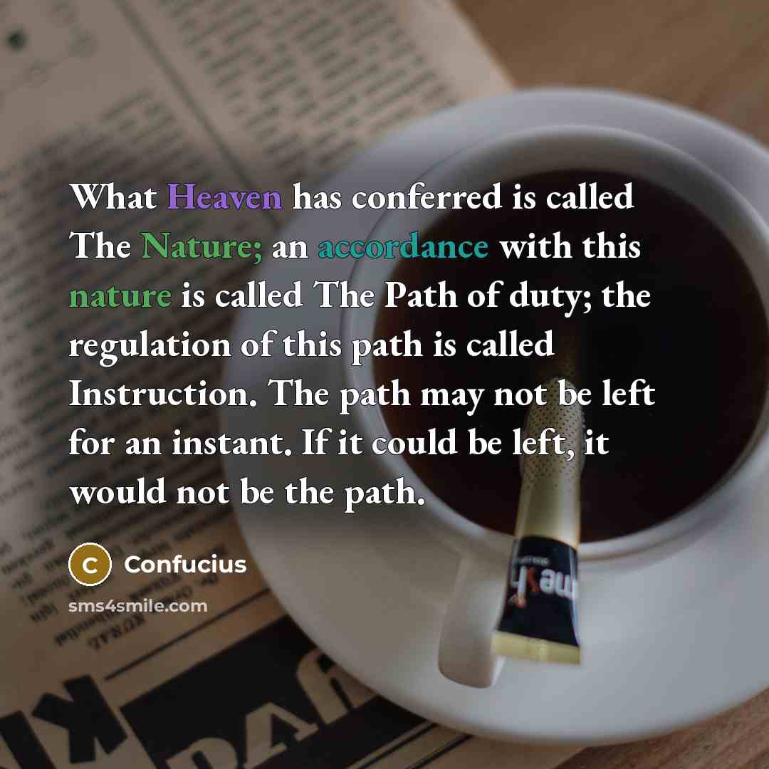 “What Heaven has conferred is called The Nature; an accordance with this nature is called The Path of duty; the regulation of this path is called Instruction. The path may not be left for an instant. If it could be left, it would not be the path.” quote by Confucius