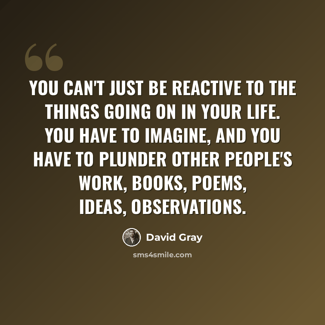 “You can't just be reactive to the things going on in your life. You have to imagine, and you have to plunder other people's work, books, poems, ideas, observations.” quote by David Gray