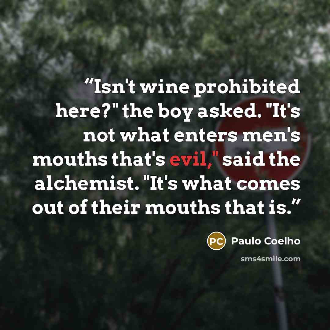 “Isn't wine prohibited here?" the boy asked. "It's not what enters men's mouths that's evil," said the alchemist. "It's what comes out of their mouths that is.” quote by Paulo Coelho