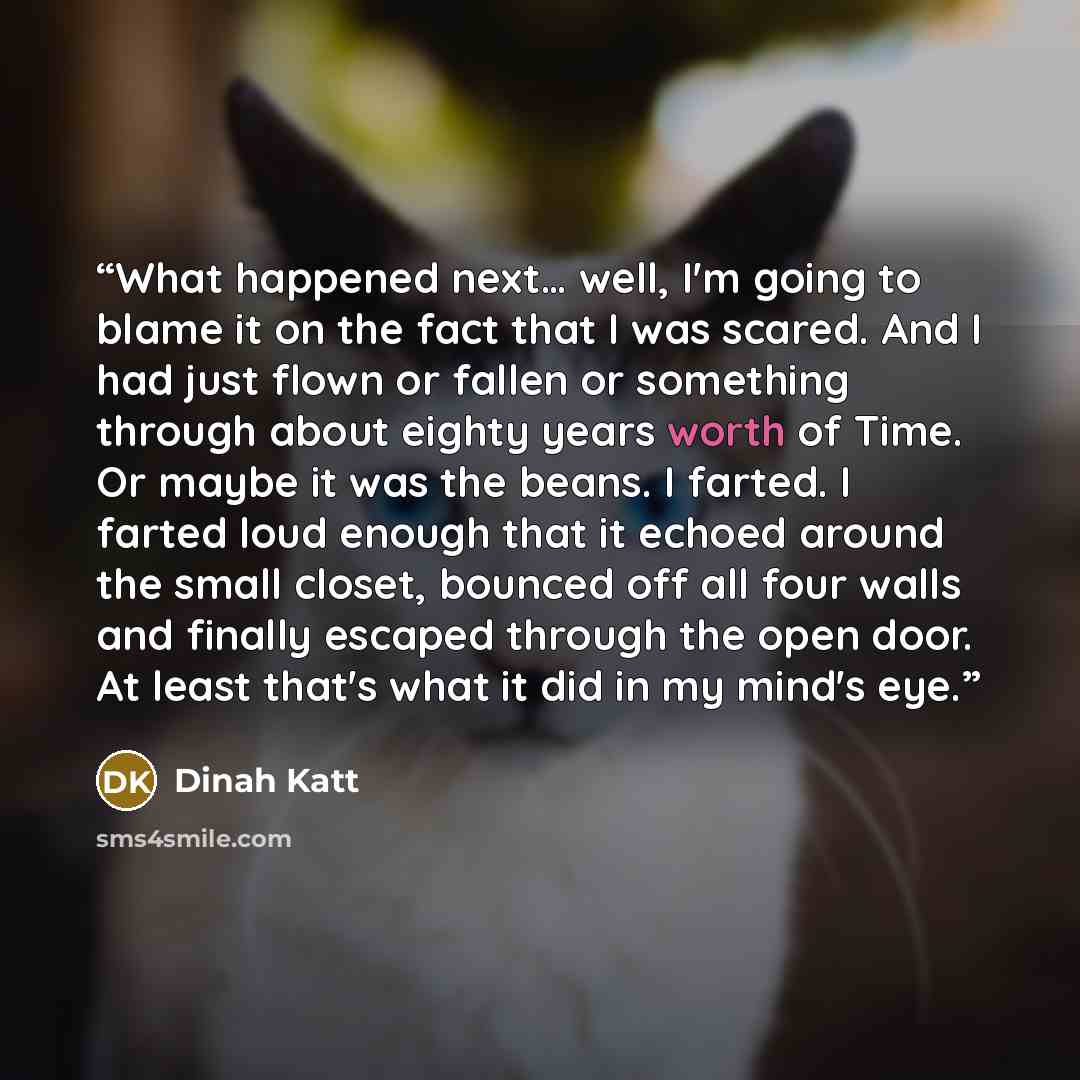 “What happened next… well, I'm going to blame it on the fact that I was scared. And I had just flown or fallen or something through about eighty years worth of Time. Or maybe it was the beans. I farted. I farted loud enough that it echoed around the small closet, bounced off all four walls and…” quote by Dinah Katt