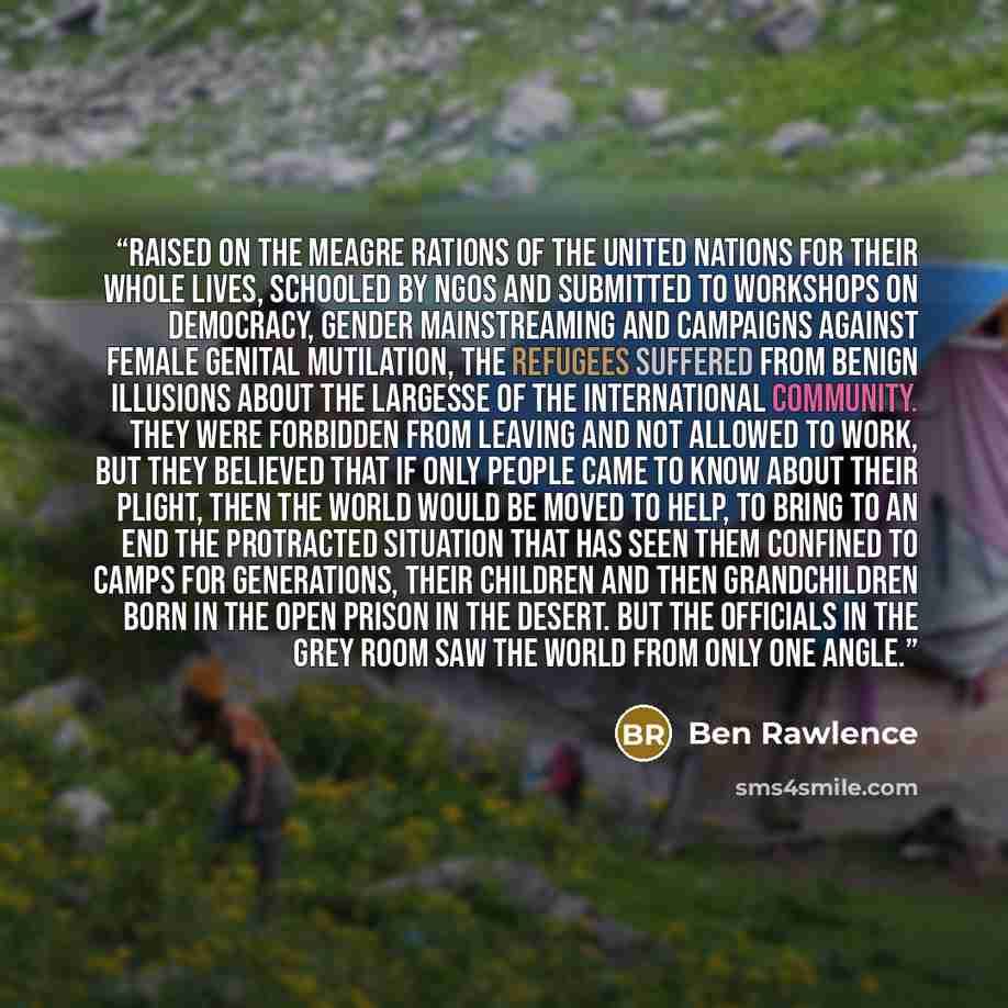“Raised on the meagre rations of the United Nations for their whole lives, schooled by NGOs and submitted to workshops on democracy, gender mainstreaming and campaigns against female genital mutilation, the refugees suffered from benign illusions about the largesse of the international community…” quote by Ben Rawlence