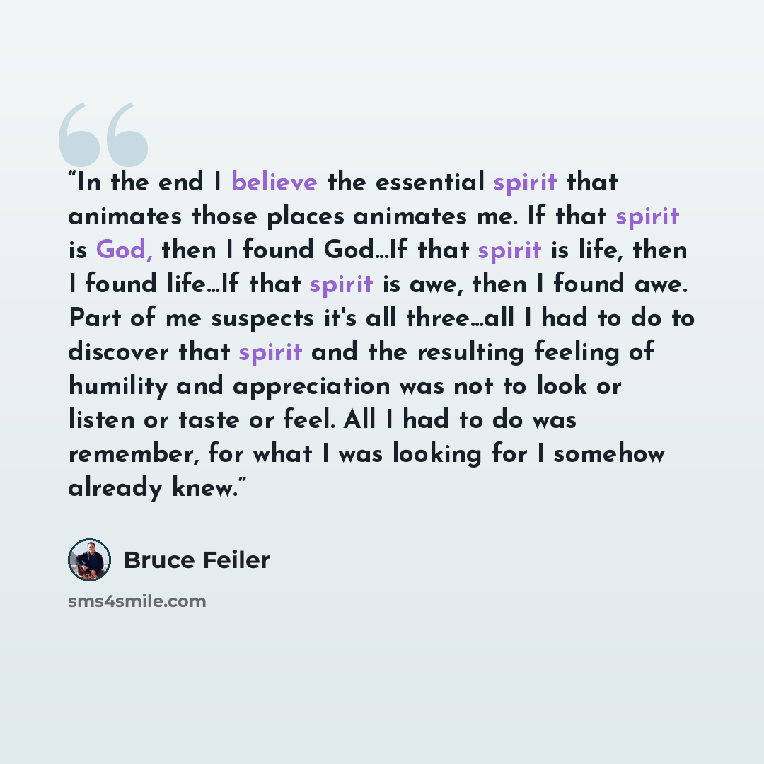 “In the end I believe the essential spirit that animates those places animates me. If that spirit is God, then I found God...If that spirit is life, then I found life...If that spirit is awe, then I found awe. Part of me suspects it's all three...all I had to do to discover that spirit and the…” quote by Bruce Feiler