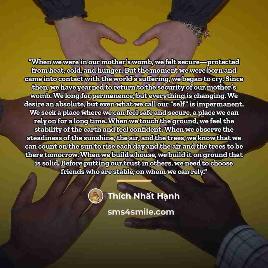 “When we were in our mother’s womb, we felt secure—protected from heat, cold, and hunger. But the moment we were born and came into contact with the world’s suffering, we began to cry. Since then, we have yearned to return to the security of our mother’s womb. We long for permanence, but everything…” quote by Thích Nhất Hạnh