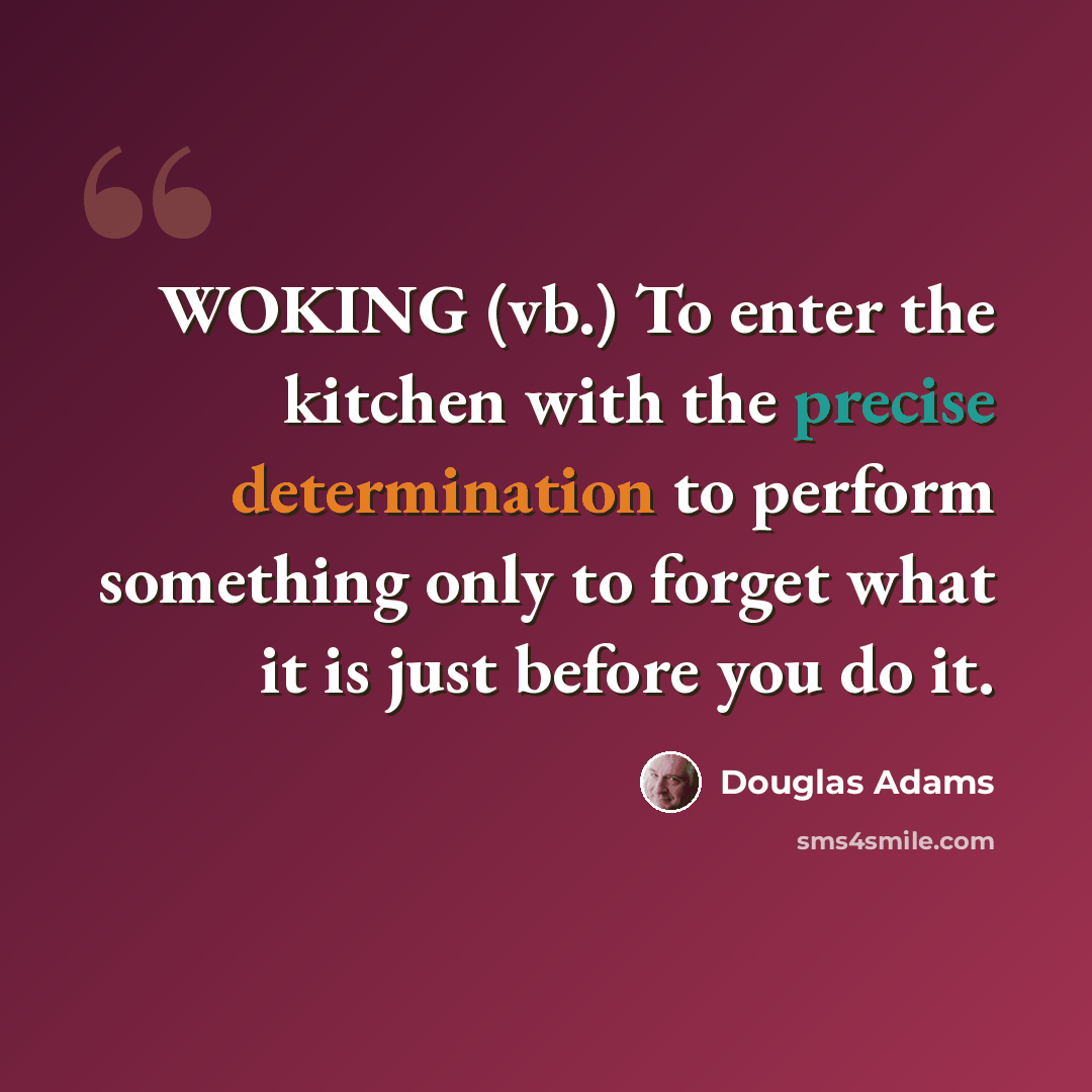 “WOKING (vb.) To enter the kitchen with the precise determination to perform something only to forget what it is just before you do it.” quote by Douglas Adams