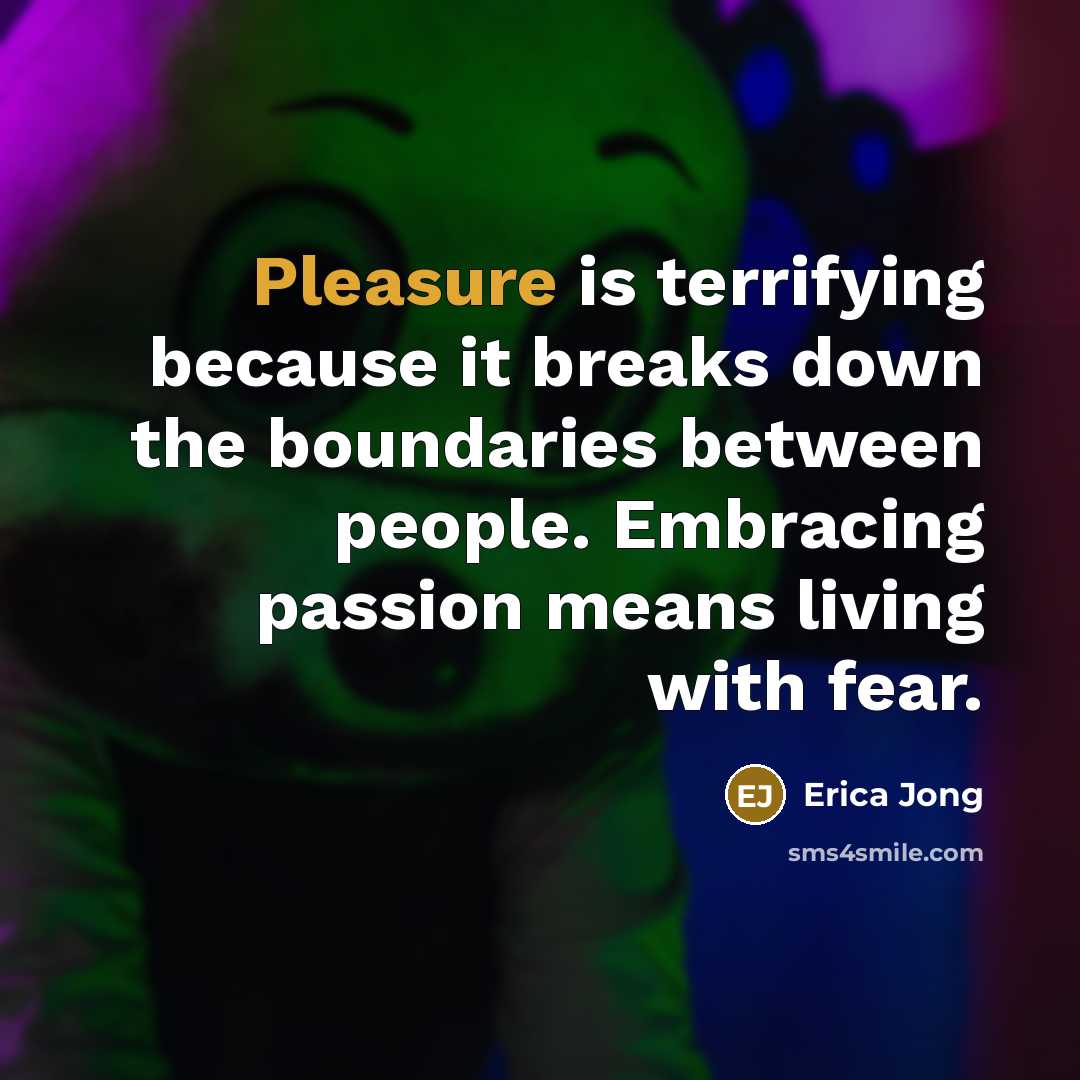 “Pleasure is terrifying because it breaks down the boundaries between people. Embracing passion means living with fear.” quote by Erica Jong