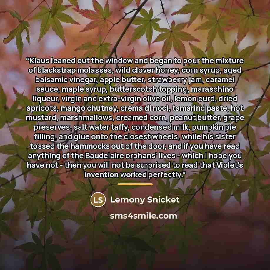 “Klaus leaned out the window and began to pour the mixture of blackstrap molasses, wild clover honey, corn syrup, aged balsamic vinegar, apple butter, strawberry jam, caramel sauce, maple syrup, butterscotch topping, maraschino liqueur, virgin and extra-virgin olive oil, lemon curd, dried apricots…” quote by Lemony Snicket
