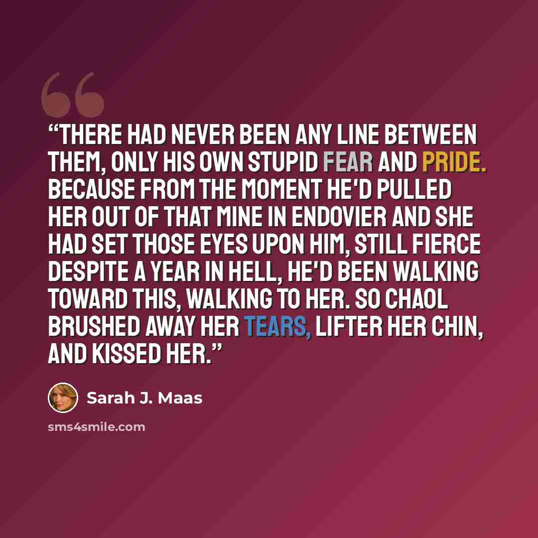 “There had never been any line between them, only his own stupid fear and pride. Because from the moment he'd pulled her out of that mine in Endovier and she had set those eyes upon him, still fierce despite a year in hell, he'd been walking toward this, walking to her. So Chaol brushed away her…” quote by Sarah J. Maas