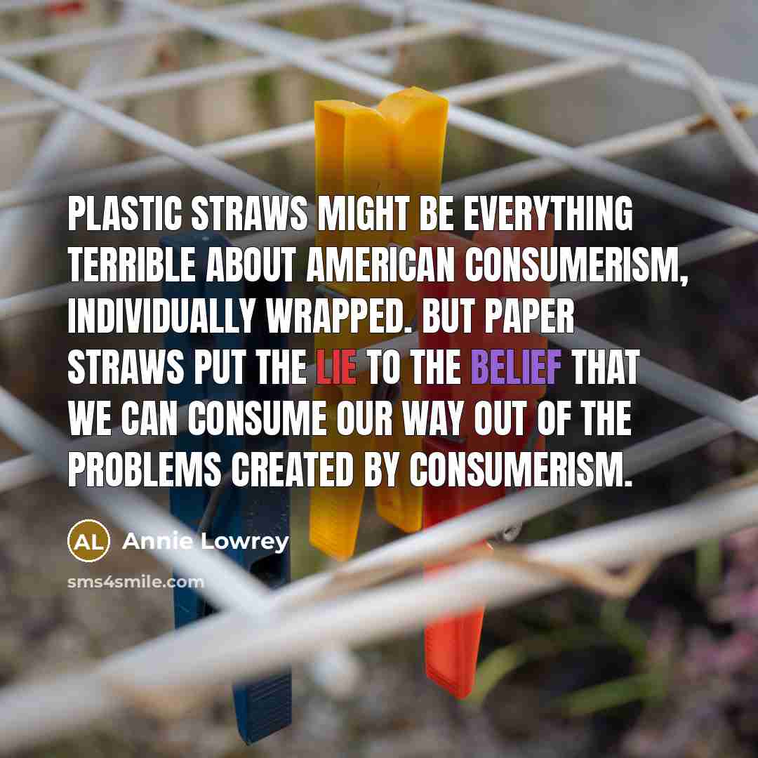 “Plastic straws might be everything terrible about American consumerism, individually wrapped. But paper straws put the lie to the belief that we can consume our way out of the problems created by consumerism.” quote by Annie Lowrey