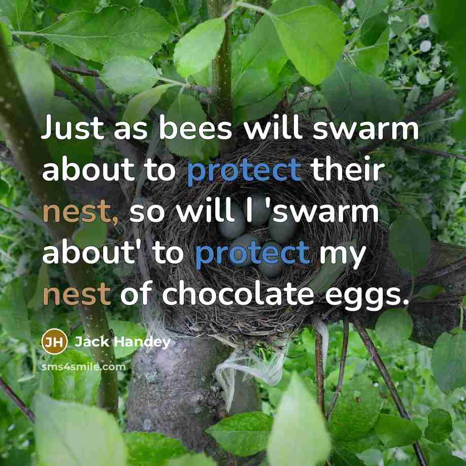 “Just as bees will swarm about to protect their nest, so will I 'swarm about' to protect my nest of chocolate eggs.” quote by Jack Handey