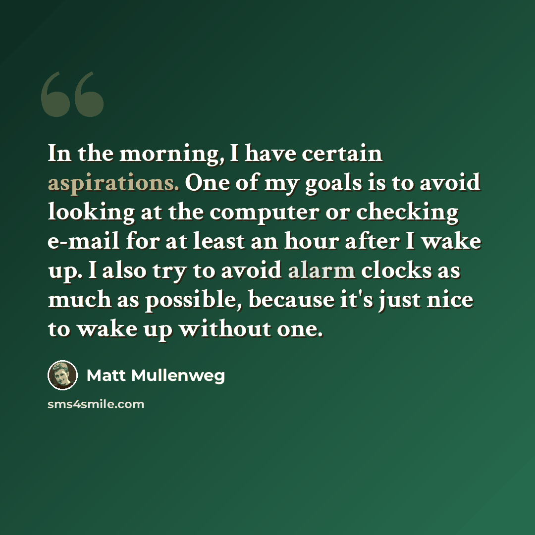 “In the morning, I have certain aspirations. One of my goals is to avoid looking at the computer or checking e-mail for at least an hour after I wake up. I also try to avoid alarm clocks as much as possible, because it's just nice to wake up without one.” quote by Matt Mullenweg