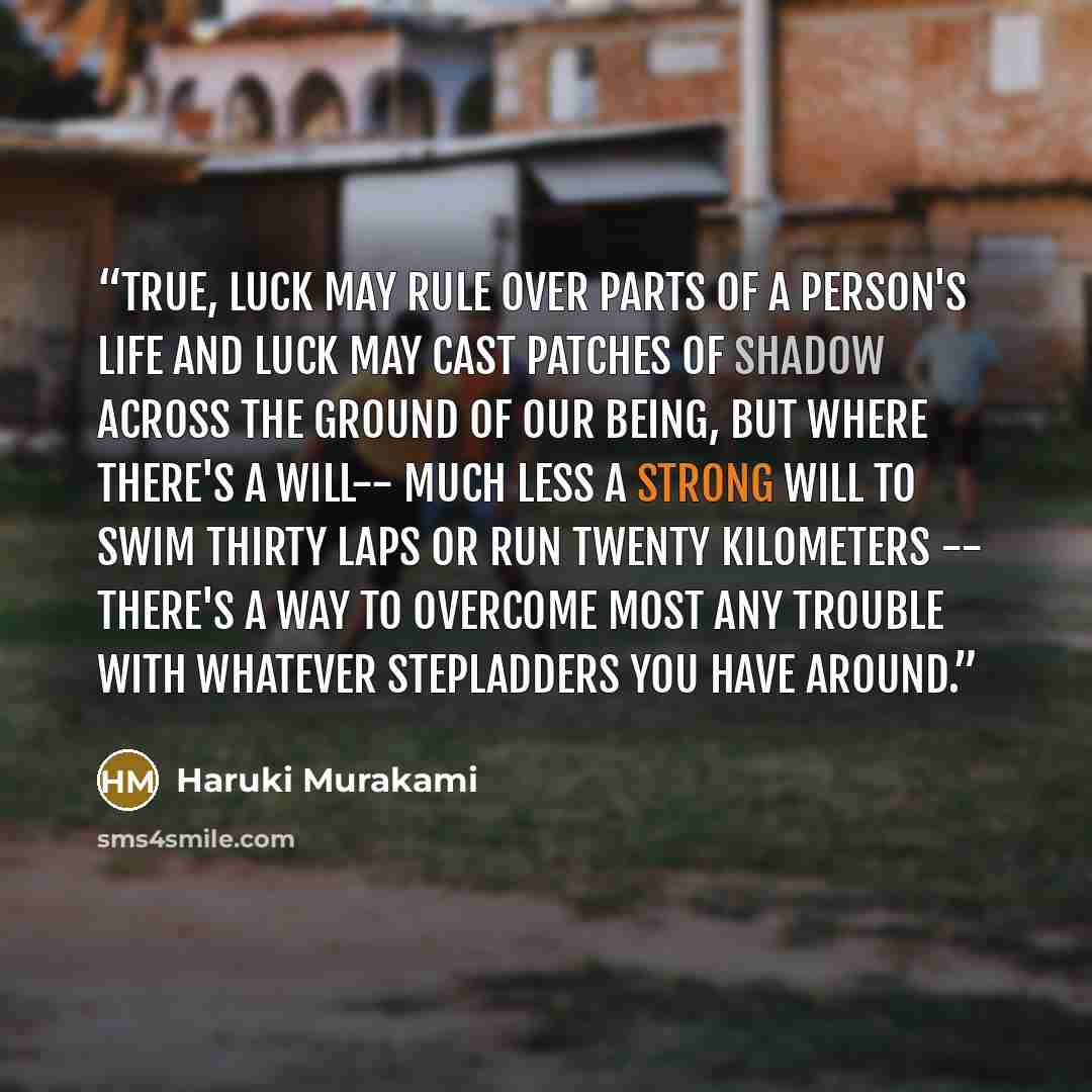 “True, luck may rule over parts of a person's life and luck may cast patches of shadow across the ground of our being, but where there's a WILL-- much less a strong will to swim thirty laps or run twenty kilometers -- there's a way to overcome most any trouble with whatever stepladders you have…” quote by Haruki Murakami