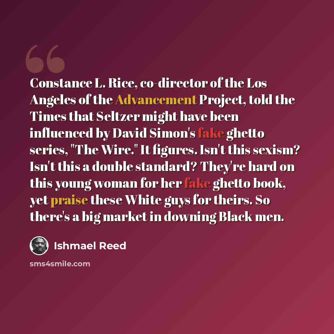 “Constance L. Rice, co-director of the Los Angeles of the Advancement Project, told the Times that Seltzer might have been influenced by David Simon's fake ghetto series, "The Wire." It figures. Isn't this sexism? Isn't this a double standard? They're hard on this young woman for her fake ghetto…” quote by Ishmael Reed