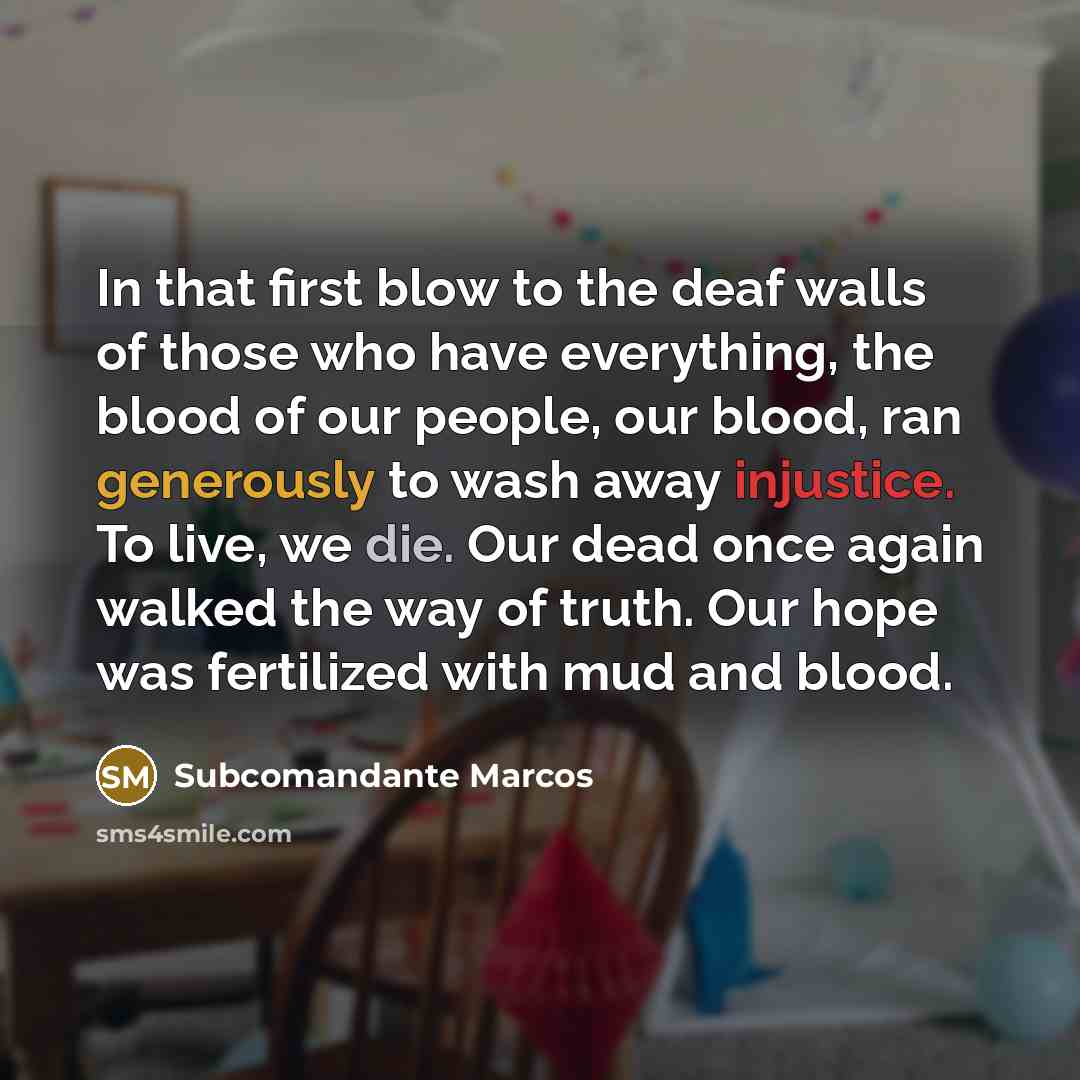 “In that first blow to the deaf walls of those who have everything, the blood of our people, our blood, ran generously to wash away injustice. To live, we die. Our dead once again walked the way of truth. Our hope was fertilized with mud and blood.” quote by Subcomandante Marcos