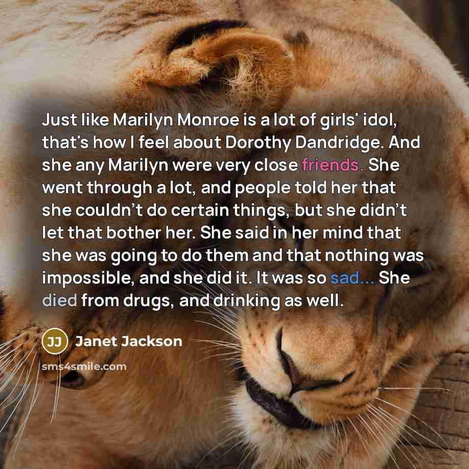 “Just like Marilyn Monroe is a lot of girls' idol, that's how I feel about Dorothy Dandridge. And she any Marilyn were very close friends. She went through a lot, and people told her that she couldn't do certain things, but she didn't let that bother her. She said in her mind that she was going to…” quote by Janet Jackson