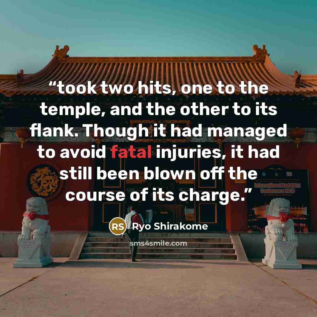 “took two hits, one to the temple, and the other to its flank. Though it had managed to avoid fatal injuries, it had still been blown off the course of its charge.” quote by Ryo Shirakome