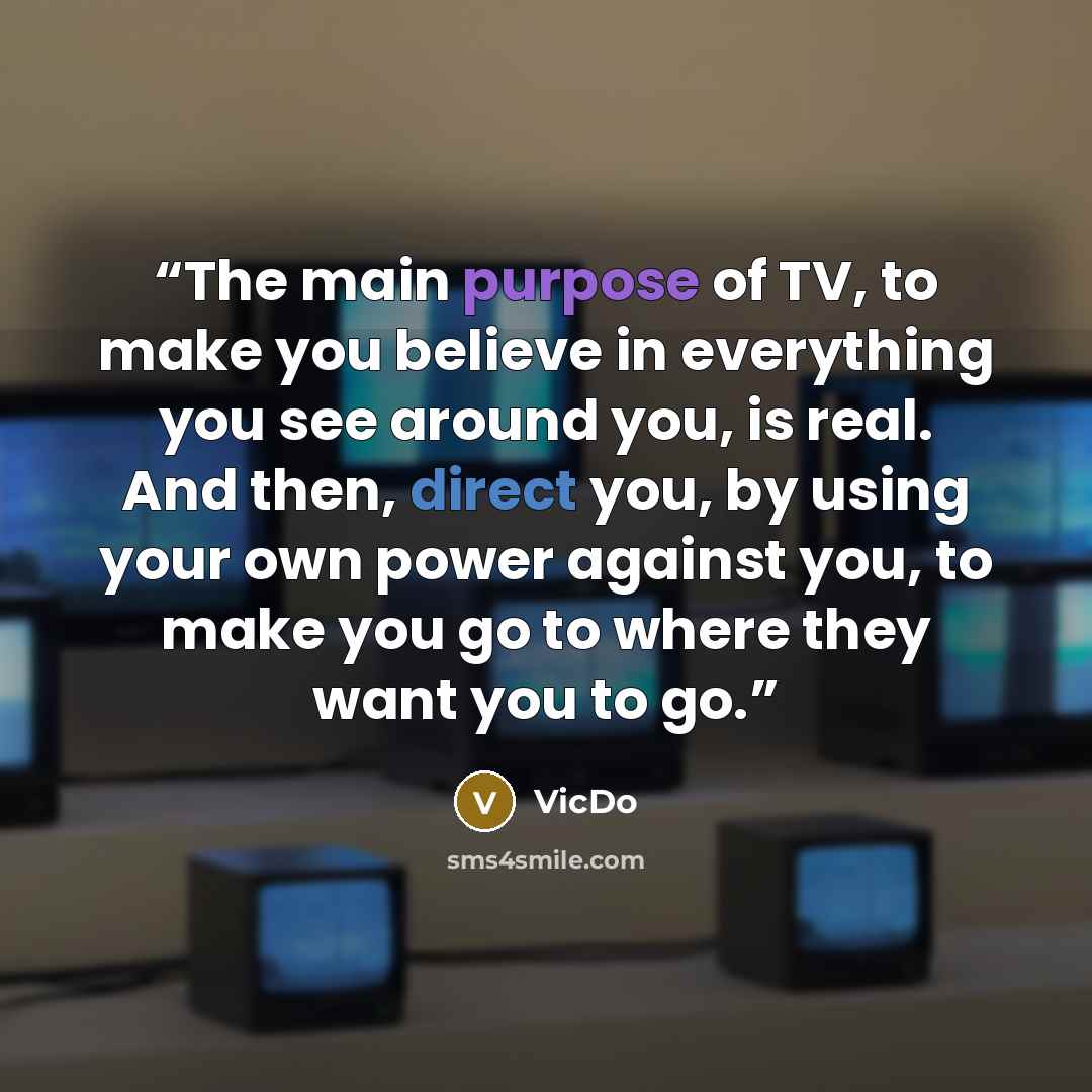 “The main purpose of TV, to make you believe in everything you see around you, is real. And then, direct you, by using your own power against you, to make you go to where they want you to go.” quote by VicDo