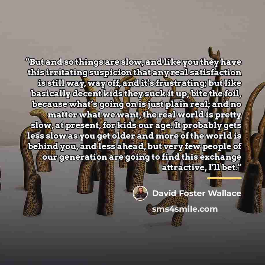 “But and so things are slow, and like you they have this irritating suspicion that any real satisfaction is still way, way off, and it’s frustrating; but like basically decent kids they suck it up, bite the foil, because what’s going on is just plain real; and no matter what we want, the real world…” quote by David Foster Wallace