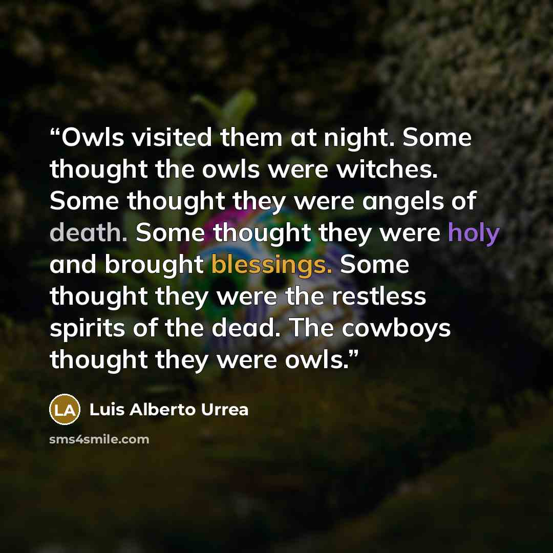 “Owls visited them at night. Some thought the owls were witches. Some thought they were angels of death. Some thought they were holy and brought blessings. Some thought they were the restless spirits of the dead. The cowboys thought they were owls.” quote by Luis Alberto Urrea
