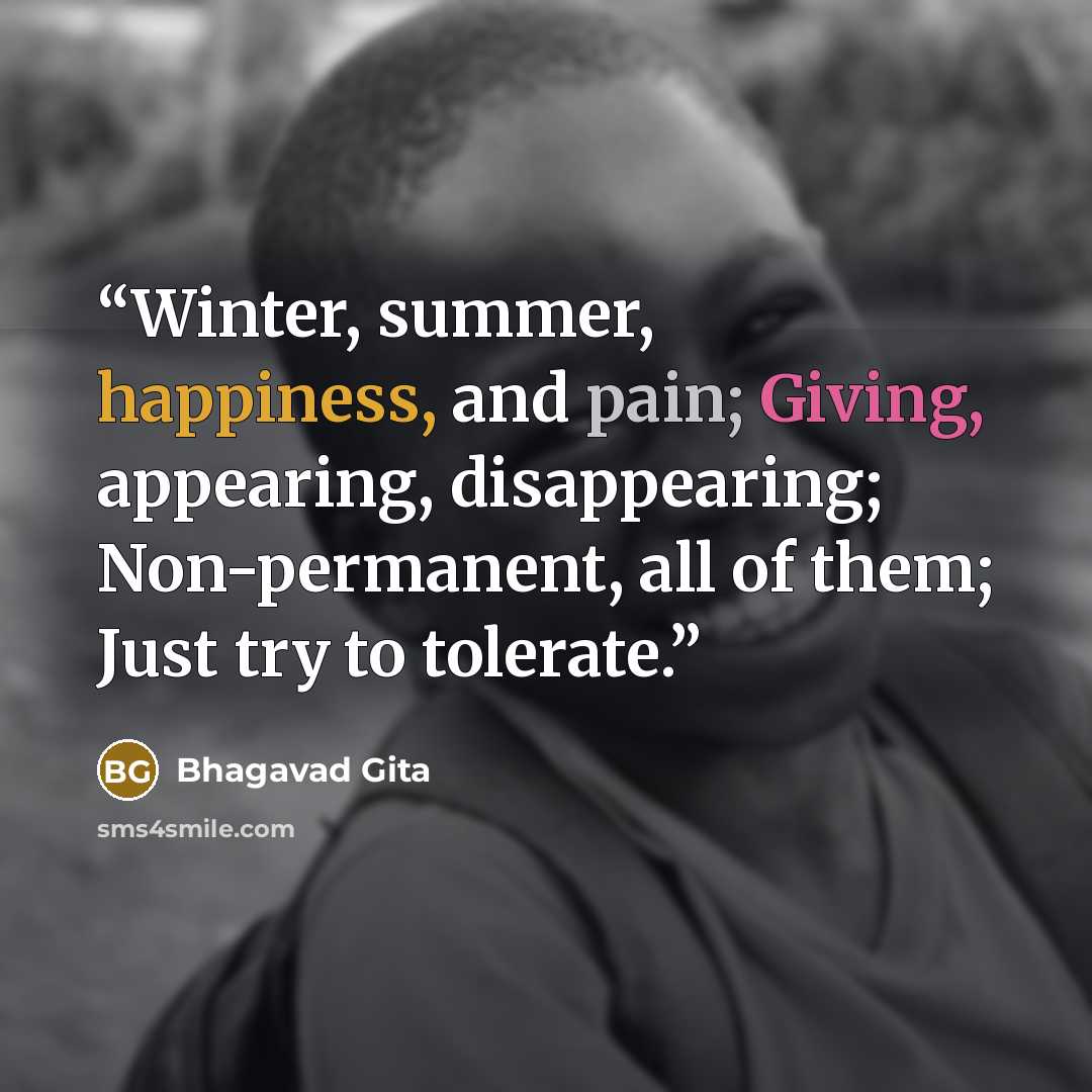 “Winter, summer, happiness, and pain; Giving, appearing, disappearing; Non-permanent, all of them; Just try to tolerate.” quote by Bhagavad Gita
