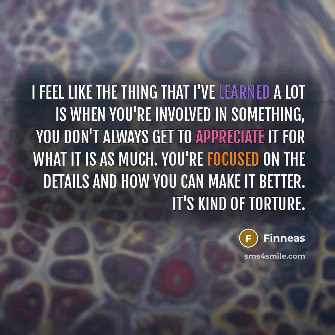 “I feel like the thing that I've learned a lot is when you're involved in something, you don't always get to appreciate it for what it is as much. You're focused on the details and how you can make it better. It's kind of torture.” quote by Finneas
